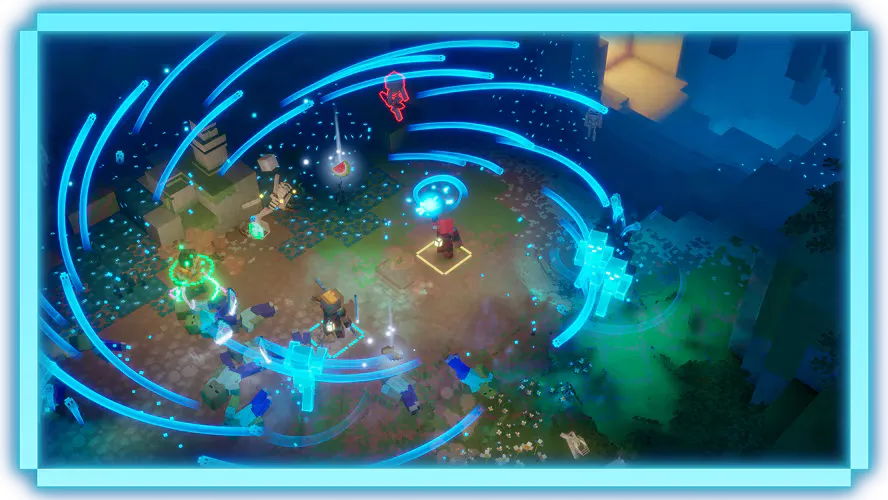 Four heroes fight side by side under swirling blue energy