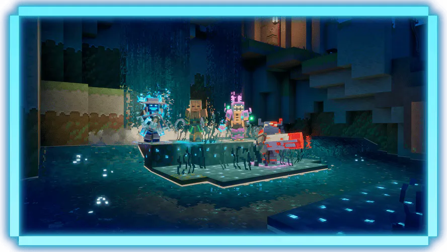 Armored heroes and a pet stand on a glowing platform