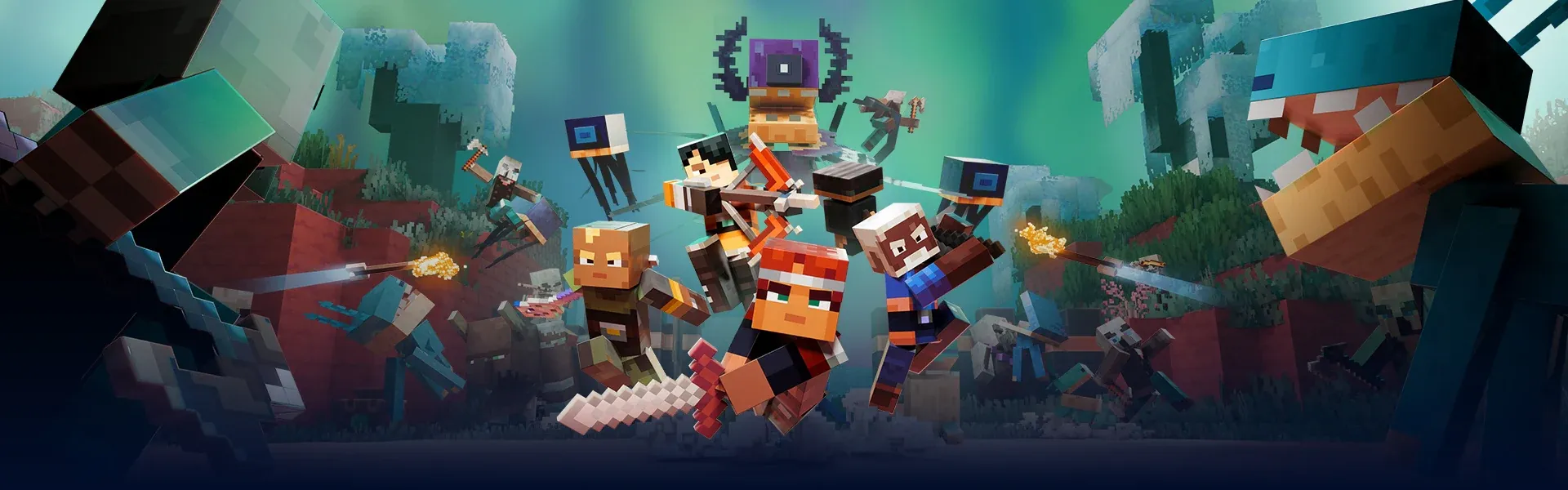 Heroes leap into a bright voxel battle in Minecraft Dungeons II key art